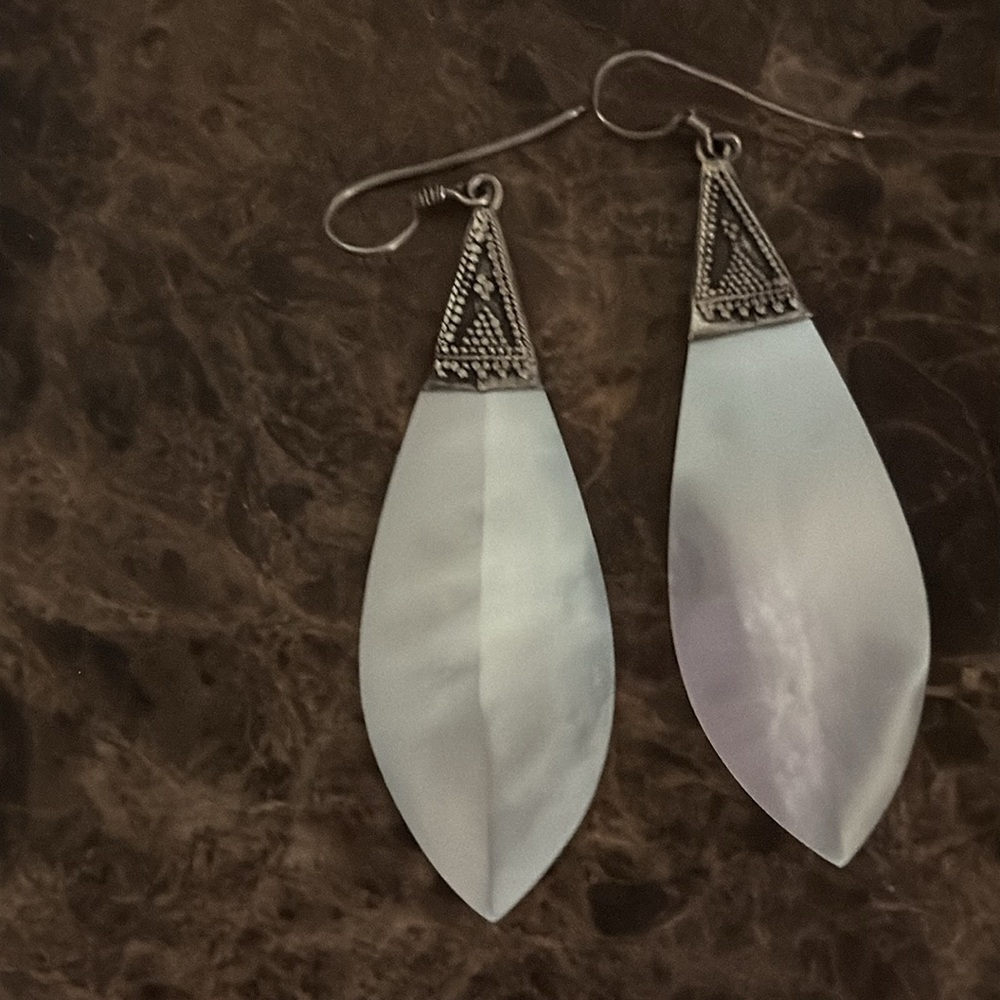 Pierced earrings fish hook style sterling silver mother of pearl embellished